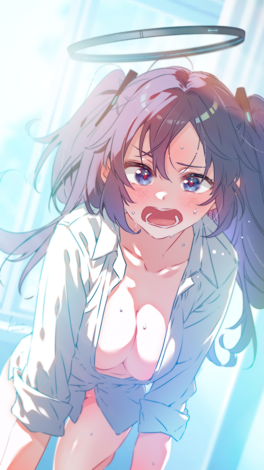 1girl :o blue_archive blue_eyes blush breasts cleavage collarbone halo highres itsk_ne leaning_forward looking_at_viewer medium_breasts naked_shirt partially_unbuttoned purple_hair red_pupils revision shirt sleeves_rolled_up solo standing standing_on_one_leg sweat two_side_up white_shirt yuuka_(blue_archive)