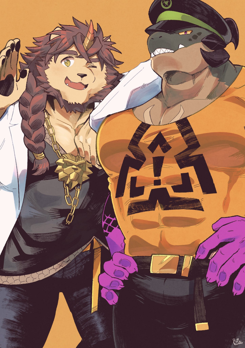 ;) bara belt black_pants black_shirt braid hands_on_another's_shoulders hands_on_own_hips hastur_(housamo) highres horns jewelry lab_coat looking_at_viewer necklace one_eye_closed pants pawpads pazuzu_(housamo) sawch_cls shirt single_horn smile tokyo_afterschool_summoners waving yellow_background yellow_shirt