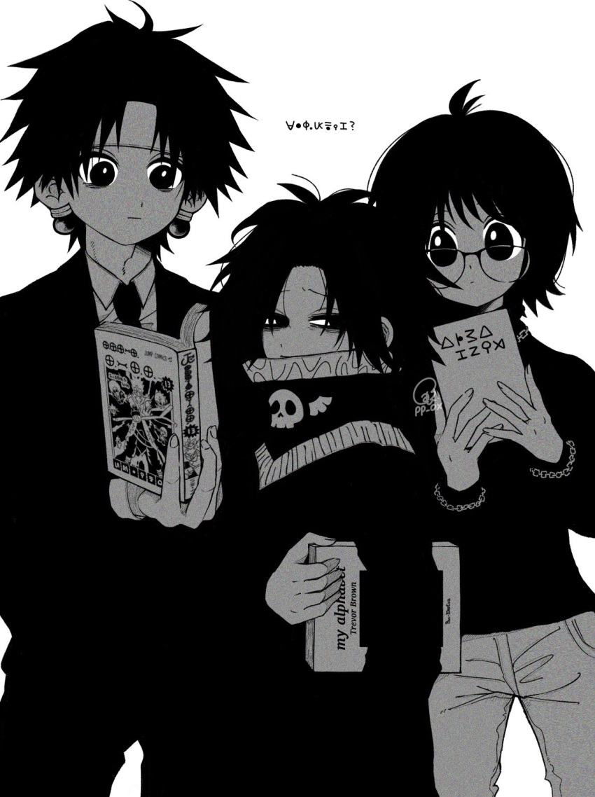 1girl 2boys book chrollo_lucilfer commentary_request earrings feitan_portor formal glasses greyscale headband highres holding holding_book hunter_x_hunter jewelry long_sleeves looking_at_viewer monochrome multiple_boys necktie official_alternate_costume pants ppox shizuku_murasaki short_hair simple_background suit white_background
