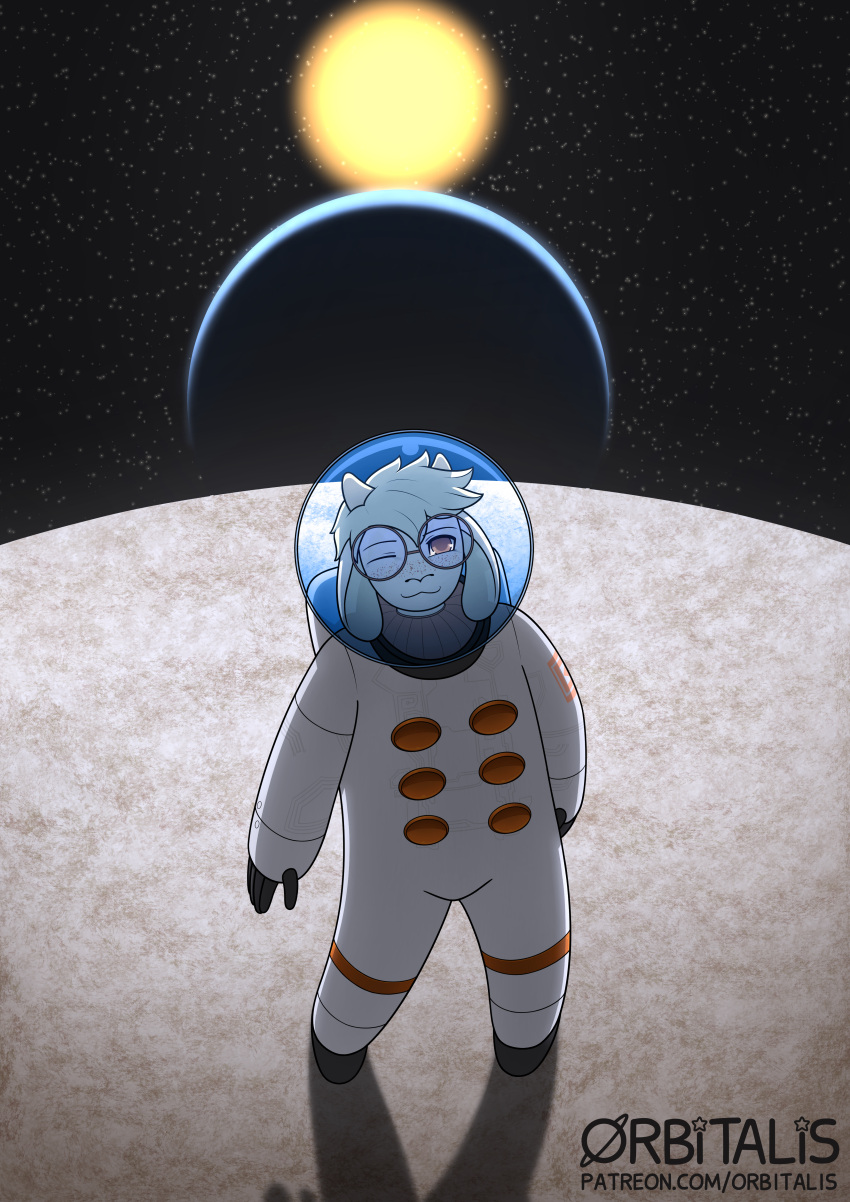 :3 absurd_res anthro armor astronaut big_ears bovid caprine clothed clothing detailed_background digital_media_(artwork) eyewear freckles glasses goat green_hair hair headgear helmet hi_res horn looking_at_viewer male mammal moon orange_eyes orbitalis planet rim_light smile solo space standing star sun text url white_body white_clothing