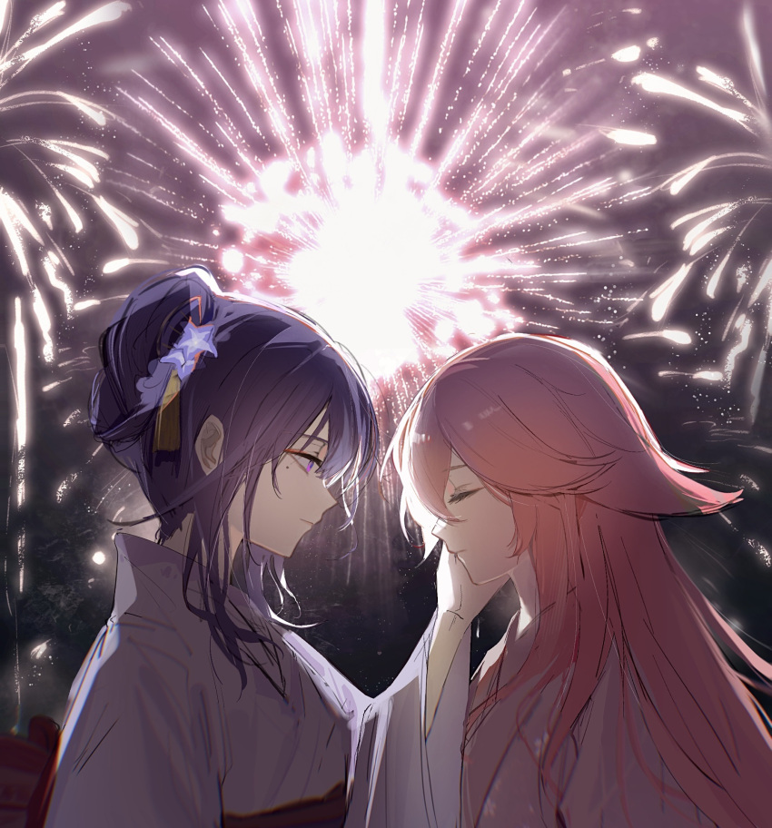 2girls animal_ears blunt_bangs chinese_commentary closed_eyes closed_mouth commentary face-to-face fireworks genshin_impact hair_between_eyes hair_down hair_ornament hair_up hand_on_another's_cheek hand_on_another's_face highres japanese_clothes kimono kis7908992 mole mole_under_eye multiple_girls night night_sky outdoors pink_hair pink_kimono purple_eyes purple_hair purple_kimono raiden_shogun sky yae_miko yuri