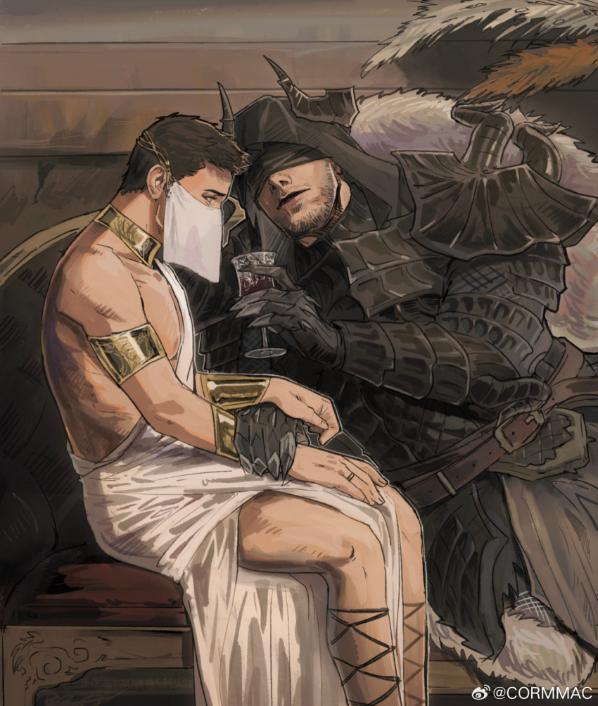 2boys adios armlet armor bara black_armor black_blindfold blindfold copyright_request couch cup demon_horns drinking_glass feeding feet_out_of_frame gauntlets hand_on_another's_arm highres horns looking_ahead male_focus mature_male mouth_veil multiple_boys on_couch pauldrons pelvic_curtain short_hair shoulder_armor sitting thick_eyebrows veil wine_glass yaoi