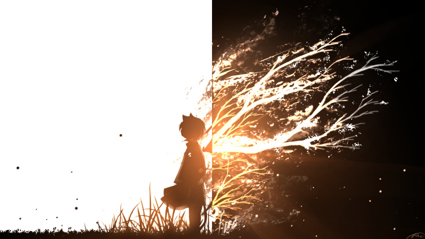 1girl animal_ears branch cat_ears cat_girl cat_tail from_side grass highres original rune_xiao scenery shadow short_hair signature silhouette sky solo standing tail