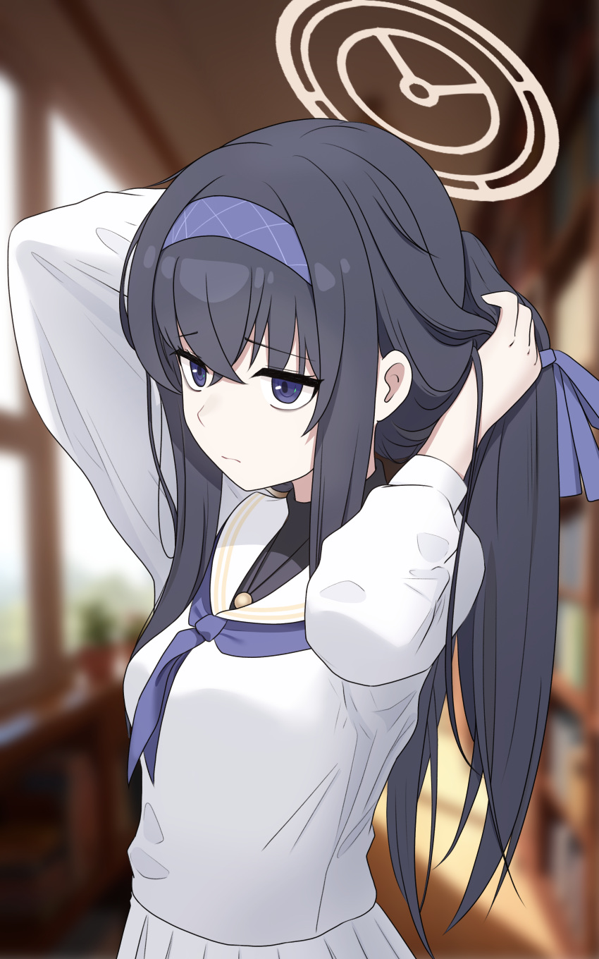 1girl absurdres adjusting_hair arms_up black_hair blue_archive blurry blurry_background closed_mouth commentary_request crossed_bangs frown hair_ribbon hairband halo highres indoors kotori_(ba) long_hair long_sleeves looking_ahead neckerchief purple_eyes purple_hairband purple_neckerchief purple_ribbon ribbon sailor_collar school_uniform shirt skirt solo solo_focus turtleneck ui_(blue_archive) upper_body white_sailor_collar white_shirt white_skirt yellow_halo