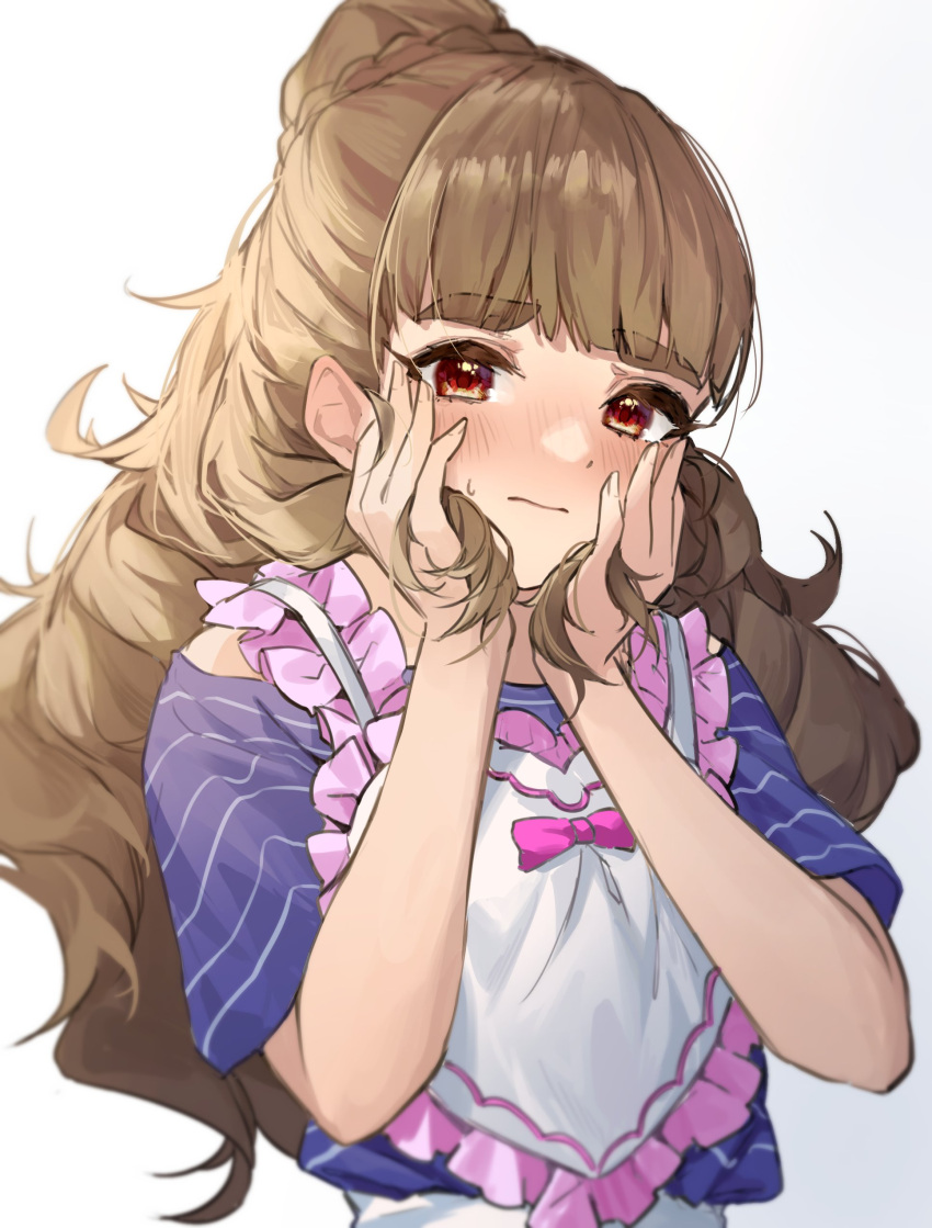 1girl absurdres apron bare_shoulders blunt_bangs blush breasts brown_hair closed_mouth embarrassed frilled_apron frills full-face_blush hair_bun hands_on_own_face highres idolmaster idolmaster_cinderella_girls idolmaster_cinderella_girls_starlight_stage kamiya_nao long_hair looking_at_viewer medium_breasts pink_apron pink_ribbon purple_shirt red_eyes ribbon shino_sto shirt short_sleeves simple_background single_hair_bun solo striped striped_shirt sweatdrop thick_eyebrows white_background