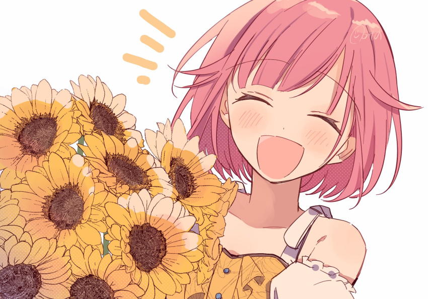 1girl armpits detached_sleeves dress flower happy highres holding holding_flower off-shoulder_dress off_shoulder ootori_emu open_mouth pink_hair project_sekai short_hair signature simple_background smile solo sunflower white_background zu_tonatuyasumi