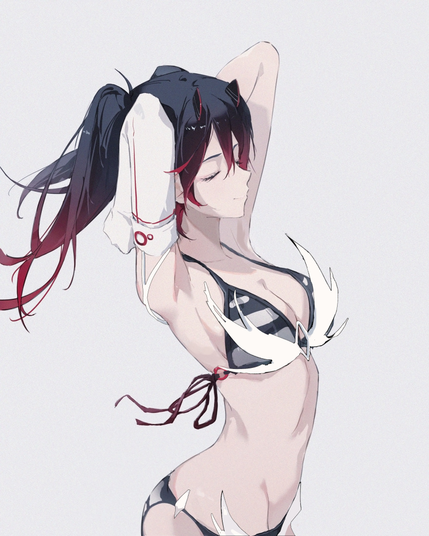 1girl absurdres arms_behind_head black_hair black_horns breasts closed_eyes closed_mouth elbow_gloves fake_horns gloves gradient_hair grey_background highres horizontal-striped_swimsuit horns long_hair lucia:_plume_(punishing:_gray_raven) lucia_(punishing:_gray_raven) lxc medium_breasts multicolored_hair punishing:_gray_raven red_hair small_horns solo streaked_hair twintails white_gloves white_swimsuit