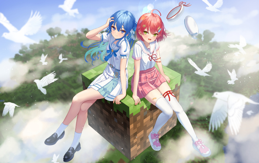 2girls absurdres ahoge arm_support asakura_(asa_t77) bandaid_on_thigh belt beret bird black_footwear block_(minecraft) blue_belt blue_bow blue_bowtie blue_eyes blue_hair bow bowtie brooch cat_hair_ornament closed_mouth cloud colored_inner_hair commentary_request crossed_legs dove floating_hair frilled_sleeves frills green_eyes hair_bun hair_ornament hairclip half_updo hand_in_own_hair hat headwear_removed highres hololive hoshimachi_suisei hoshimachi_suisei_(4th_costume) jewelry knees_together_feet_apart legs lens_flare loafers long_hair looking_at_viewer minecraft multicolored_hair multiple_girls neck_ribbon open_mouth pink_footwear pink_hair pink_skirt plaid plaid_skirt platform_footwear pleated_skirt puffy_short_sleeves puffy_sleeves red_ribbon ribbon sailor_collar sakura_miko sakura_miko_(6th_costume) school_uniform serafuku shirt shirt_tucked_in shoes short_hair short_sleeves single_side_bun sitting skirt smile sneakers socks star_brooch teeth thigh_strap thighhighs upper_teeth_only virtual_youtuber white_bird white_headwear white_sailor_collar white_shirt white_skirt white_socks white_thighhighs zettai_ryouiki