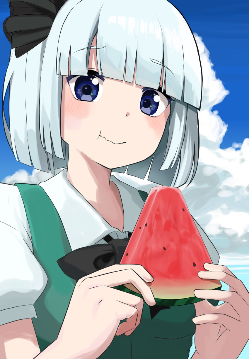 1girl black_bow black_bowtie black_hairband blue_eyes blue_sky blush bob_cut bow bowtie cloud collared_shirt eating food fruit green_vest grey_hair hair_bow hairband hands_up highres holding holding_food konpaku_youmu kurikuriman looking_at_viewer puffy_short_sleeves puffy_sleeves shirt short_hair short_sleeves sky solo touhou upper_body vest watermelon watermelon_slice wavy_mouth white_shirt