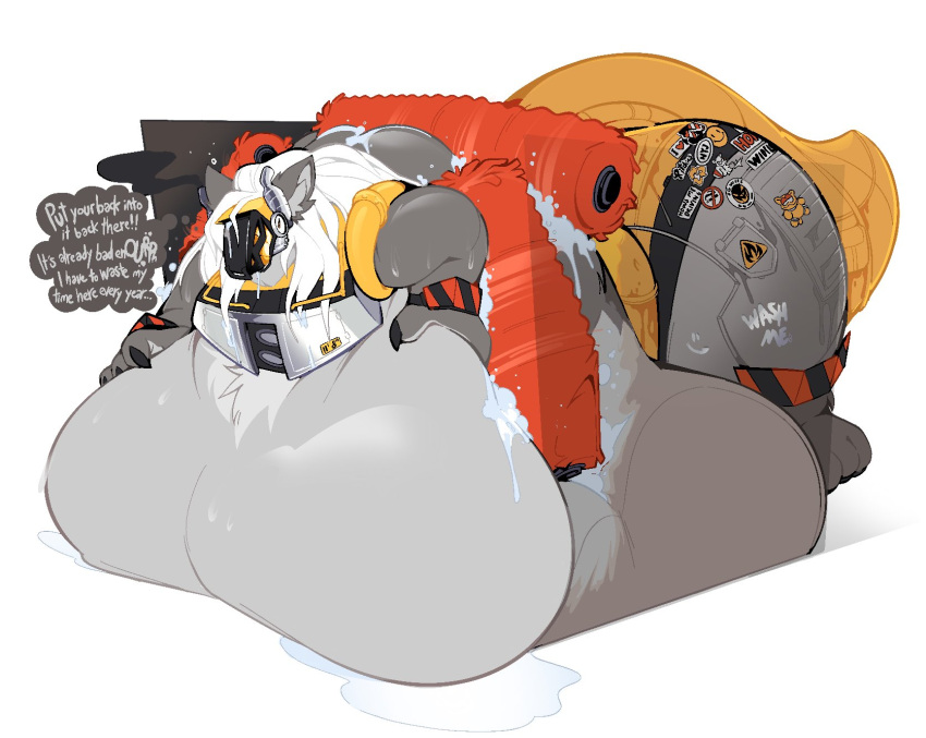 anthro bathing belly big_belly boot_(artist) diesel_(protogen) hair hi_res hyper hyper_belly machine metallic_body obese obese_anthro overweight overweight_anthro protogen solo tail thick_tail