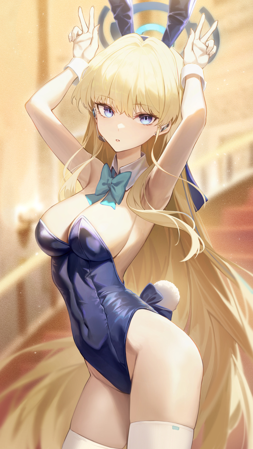 1girl absurdres arms_up blonde_hair blue_archive blue_bow blue_bowtie blue_eyes blue_leotard bow bowtie breasts detached_collar double_v halo highleg highleg_leotard highres leotard looking_at_viewer medium_breasts playboy_bunny solo soy_chicken thighhighs thighs toki_(blue_archive) toki_(bunny)_(blue_archive) v white_thighhighs wrist_cuffs