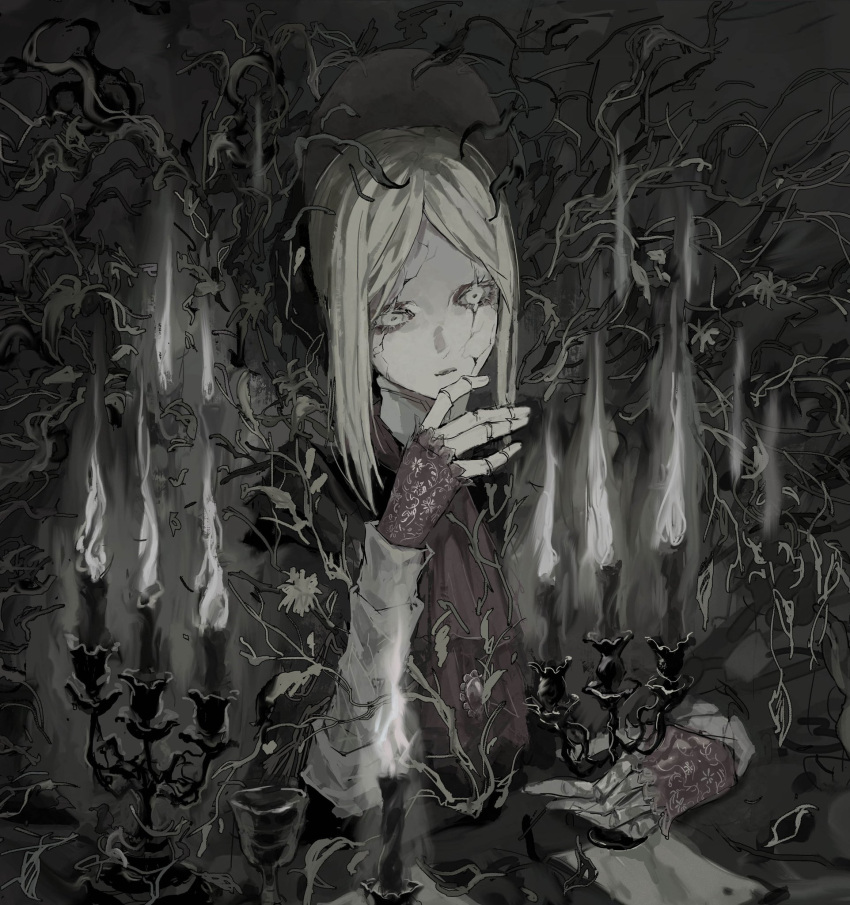 1girl blonde_hair bloodborne bonnet brown_cloak candle candlestand cloak doll_joints expressionless gloves hat highres joints long_hair long_sleeves monochrome plain_doll soldalepaz11 solo upper_body white_eyes