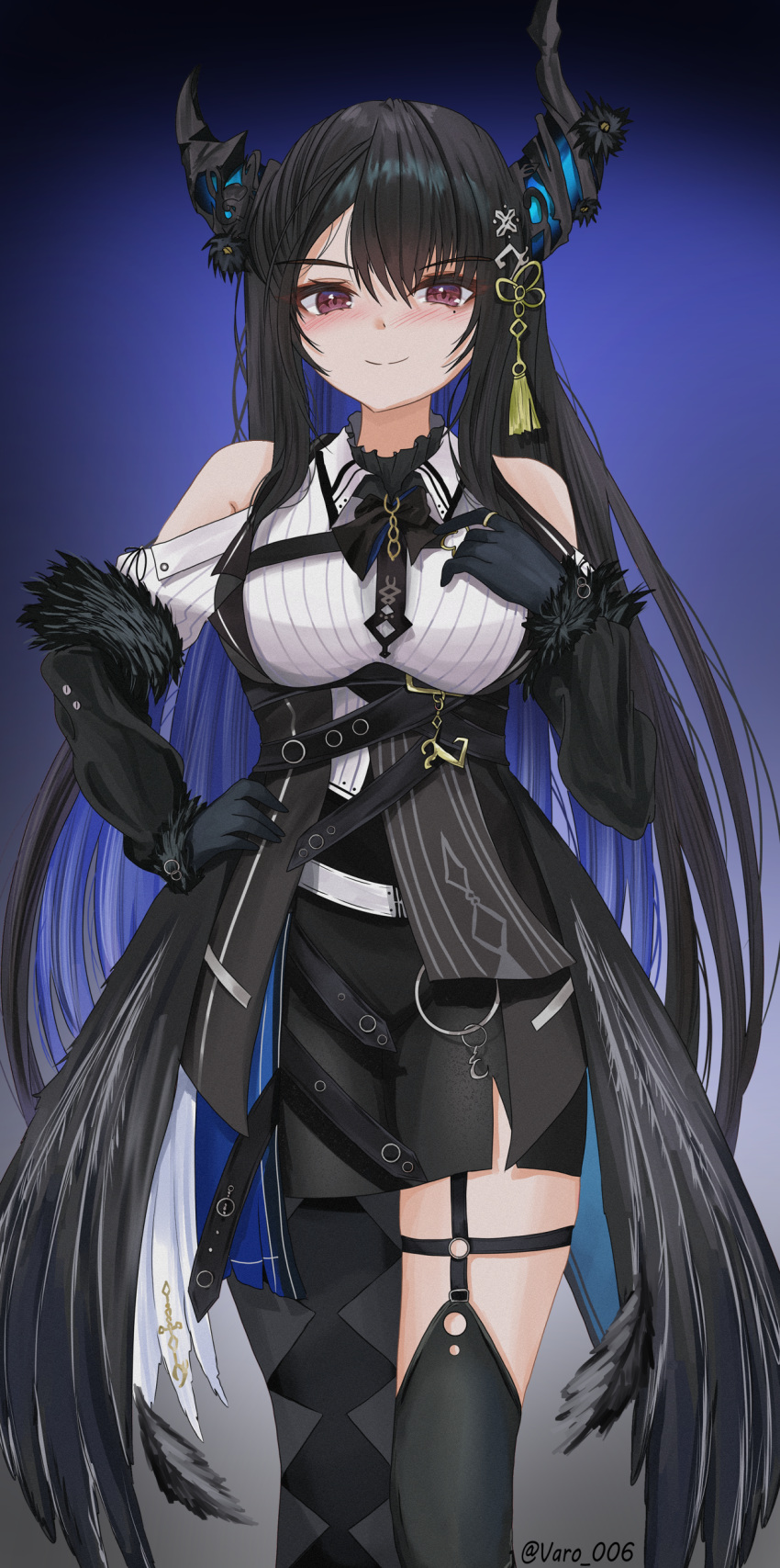 1girl absurdres asymmetrical_horns black_gloves black_hair black_pantyhose black_skirt black_sleeves black_thighhighs black_wings blue_hair blush breasts clothing_cutout collared_shirt colored_inner_hair demon_horns feathered_wings fur-trimmed_sleeves fur_trim gloves hand_on_own_hip high-waist_skirt highres hololive hololive_english horns large_breasts looking_at_viewer low_wings mole mole_under_eye multicolored_hair nerissa_ravencroft o-ring o-ring_thigh_strap pantyhose red_eyes shirt shoulder_cutout single_leg_pantyhose skirt smile solo thigh_strap thighhighs varo_006 virtual_youtuber wings