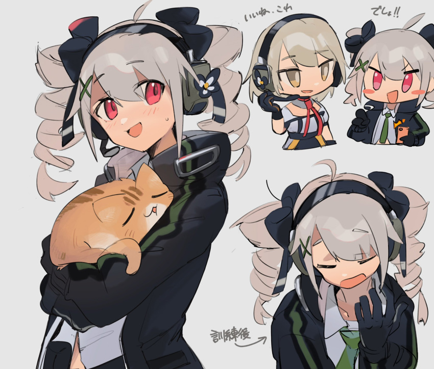 2girls animal black_gloves blush_stickers cat chesed_(uporyz) chibi commentary drill_hair girls'_frontline gloves green_necktie grey_background grey_hair hair_between_eyes hairband headset highres holding holding_animal holding_cat jacket looking_at_viewer multiple_girls multiple_views necktie open_mouth orange_cat pp-19_(girls'_frontline) red_eyes simple_background smile translation_request upper_body vector_(girls'_frontline)