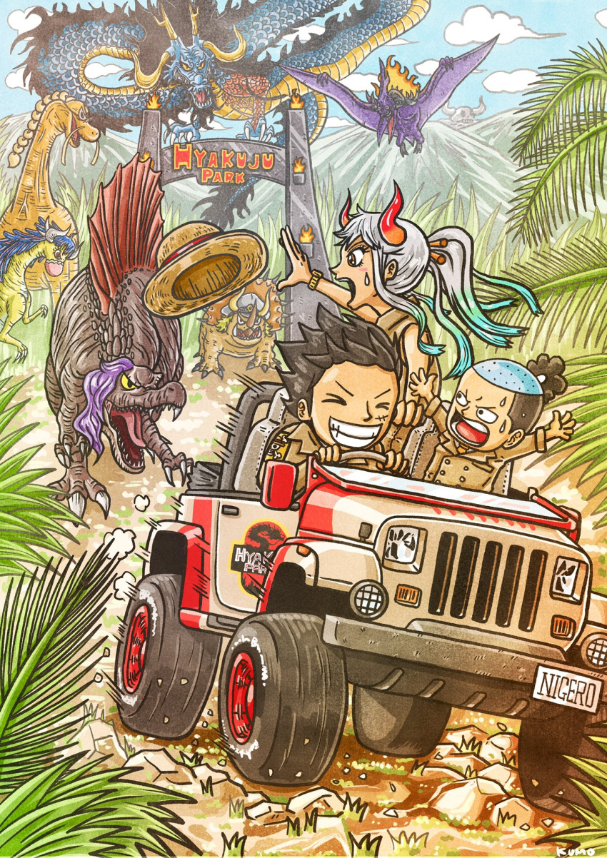 2girls 6+boys black_hair brachiosaurus brother_and_sister car closed_eyes day dinosaur dragon eastern_dragon english_text fleeing gradient_hair hat highres horns jurassic_park kaidou_(one_piece) king_(one_piece) kumo_d7 long_hair monkey_d._luffy motor_vehicle mountain multicolored_hair multiple_boys multiple_girls one_piece oni_horns open_mouth outdoors pachycephalosaurus page_one_(one_piece) palm_tree parody pterosaur queen_(one_piece) sasaki_(one_piece) short_hair siblings smile spinosaurus straw_hat sweatdrop teeth topknot tree triceratops ulti_(one_piece) white_hair yamato_(one_piece)