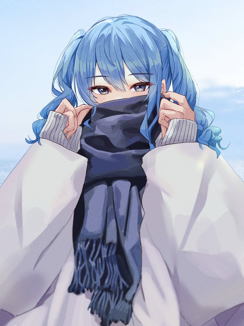 1girl absurdres alternate_costume alternate_hairstyle baggy_clothes blue_eyes blue_hair blue_scarf blue_sky blush commentary covering_mouth double-parted_bangs hair_between_eyes highres hololive hoshimachi_suisei long_hair long_sleeves looking_at_viewer puffy_long_sleeves puffy_sleeves scarf scarf_over_mouth sky sleeves_past_wrists solo sweater tagosaku_(tatsukiuma0329) twintails upper_body virtual_youtuber wavy_hair white_sweater