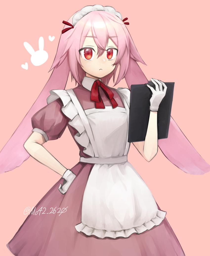 1boy :&lt; alternate_costume animal_ears ansel_(arknights) apron arknights artist_name clipboard closed_mouth commentary_request crossdressing dress enmaided frilled_apron frills gloves hair_between_eyes hand_on_own_hip highres holding holding_clipboard looking_at_viewer maid maid_apron maid_headdress moribe_denkou neck_ribbon pink_background pink_hair puffy_short_sleeves puffy_sleeves purple_dress rabbit_boy rabbit_ears red_eyes red_ribbon ribbon short_hair short_sleeves signature simple_background solo twitter_username white_apron white_gloves