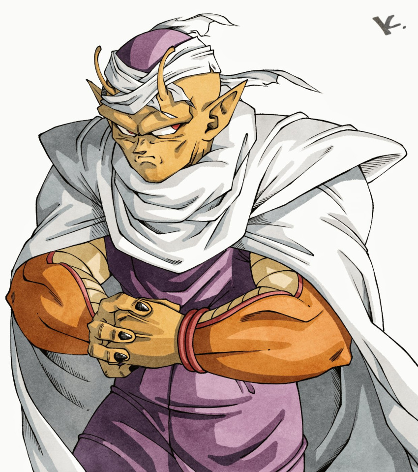 1boy alien antennae cape colored_skin dragon_ball fist_in_hand highres jumpsuit kakeru_(dbskakeru) looking_to_the_side male_focus orange_piccolo orange_skin piccolo pointy_ears purple_jumpsuit red_eyes simple_background solo toriyama_akira_(style) white_background white_cape