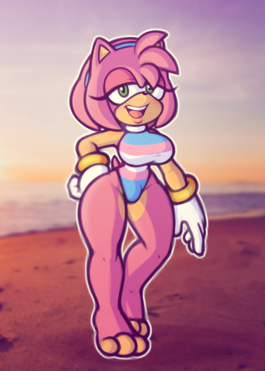 absurd_res accessory anthro beach bracelet clothing eulipotyphlan feet female fur gloves green_eyes hair_accessory hairband handwear hedgehog hi_res jewelry lgbt_pride mammal pink_body pink_fur pride_colors sea seaside solo stunnerpony swimwear transgender_pride_colors water