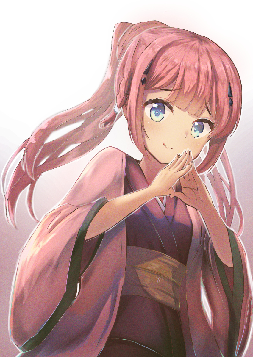 1girl :q absurdres aqua_eyes blunt_bangs blush braid center-flap_bangs closed_mouth commentary_request eyelashes furrowed_brow gradient_background hair_ornament hairclip highres japanese_clothes kamiyama_shiki kimono kokoroofiscream long_hair long_sleeves looking_at_viewer open_clothes open_kimono own_hands_together pink_kimono ponytail red_hair smile solo standing steepled_fingers summer_pockets tongue tongue_out twin_braids upper_body white_background wide_sleeves