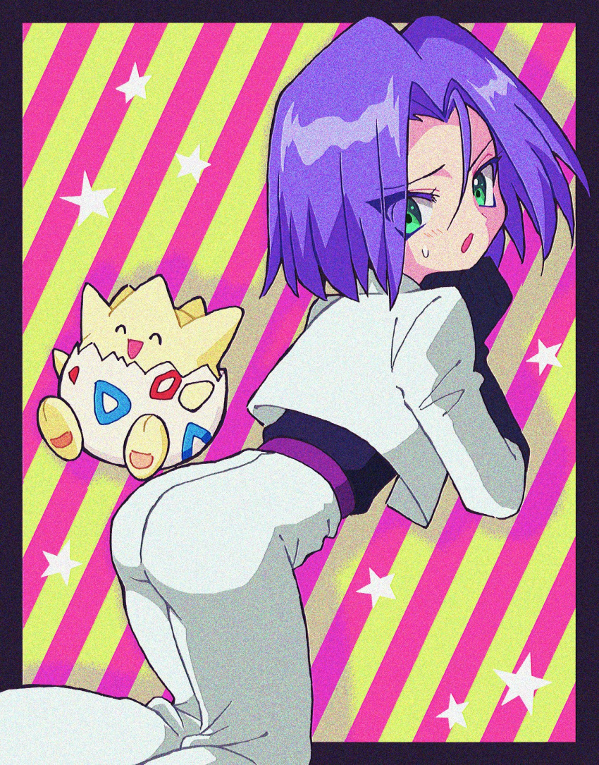 ass ass_focus blue_hair blush embarrassed green_eyes happy highres james_(pokemon) macchiromomomo pokemon pokemon_(anime) pokemon_(creature) shame star_(symbol) togepi worried