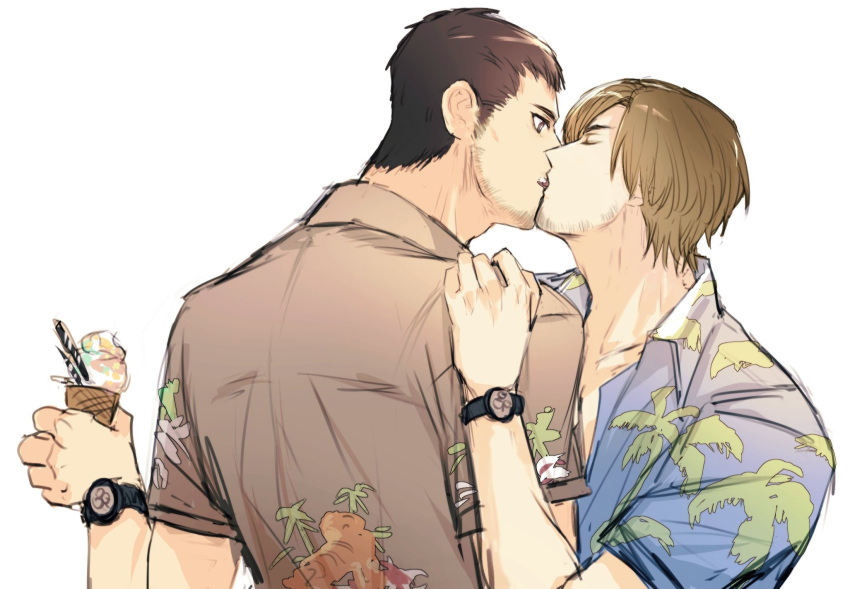05_(link83601636) 2boys bara beard_stubble chris_redfield food food_on_face from_side hand_on_another's_shoulder highres holding holding_food holding_ice_cream ice_cream kiss leon_s._kennedy licking licking_another's_face licking_another's_lips male_focus mature_male multiple_boys resident_evil short_hair sideburns sparse_stubble surprise_kiss surprised thick_eyebrows upper_body wide-eyed yaoi