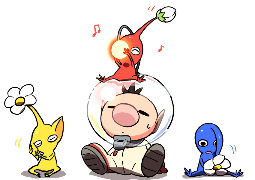 1boy ^_^ absurdres alien big_nose black_eyes blue_pikmin blue_skin brown_hair bud buttons closed_eyes colored_skin commentary flower gloves groom helmet highres motion_lines musical_note no_mouth olimar open_mouth pikmin_(creature) pikmin_(series) pink_nose playing pointy_ears pointy_nose pokefia radio_antenna red_gloves red_light red_pikmin red_skin shadow short_hair sitting sitting_on_head sitting_on_person space_helmet spacesuit sweatdrop triangle_mouth very_short_hair whistle white_background white_flower yellow_pikmin yellow_skin