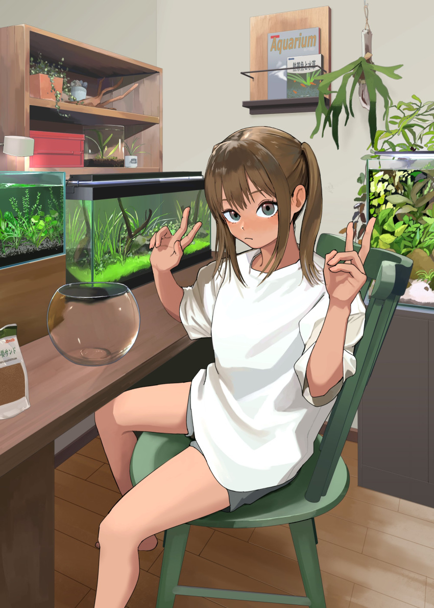 1girl absurdres aquarium book bookshelf brown_hair cabinet chair double_v fish_tank flower flower_pot grey_eyes grey_shirt highres indoors lamp looking_at_viewer mmmo3 on_chair original oversized_clothes oversized_shirt shirt shorts sidelocks sitting solo table twintails v white_shirt
