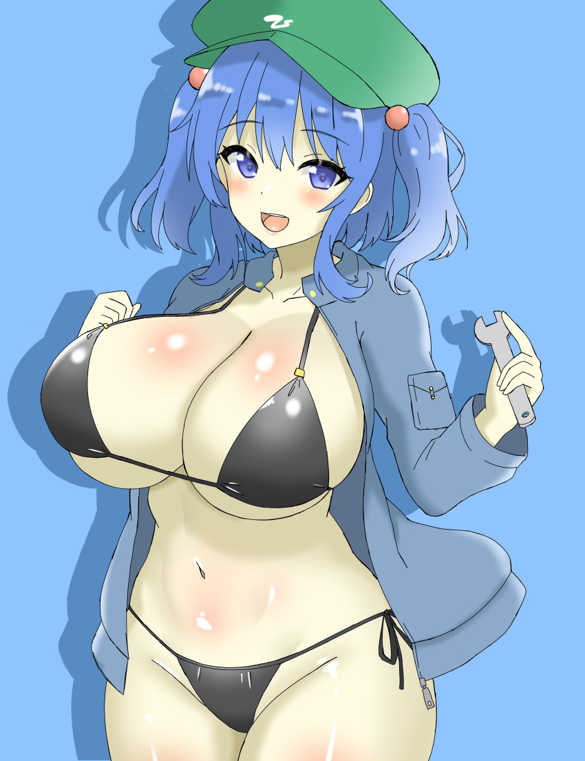 1girl :d absurdres bikini black_bikini blue_background blue_eyes blue_hair blue_jacket breasts cleavage commentary cowboy_shot flat_cap green_headwear groin hat highres holding holding_wrench huge_breasts jacket kawashiro_nitori long_sleeves looking_at_viewer navel open_clothes open_jacket open_mouth shirokumall simple_background smile solo swimsuit touhou two_side_up wrench