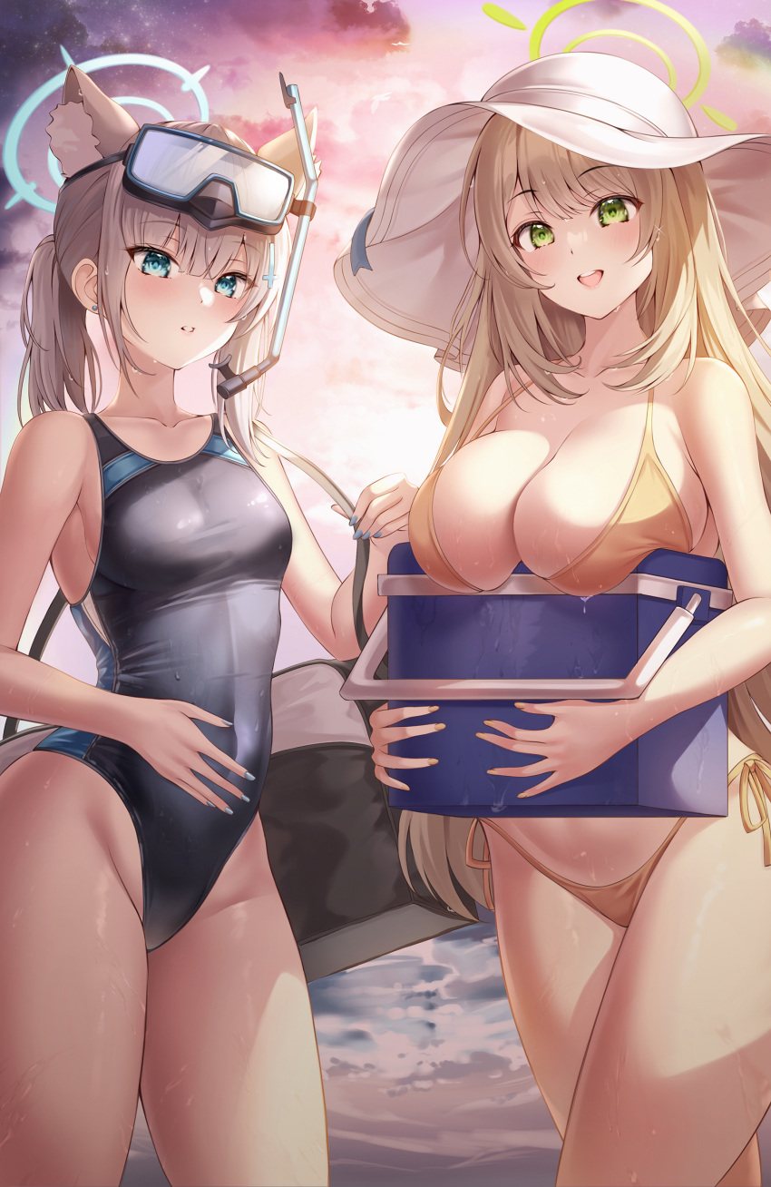 2girls :d absurdres bag bikini blonde_hair blue_archive blue_eyes blue_nails bnari breasts cloud cooler duffel_bag goggles goggles_on_head gradient_sky green_eyes grey_hair groin halo highres holding large_breasts multiple_girls nonomi_(blue_archive) nonomi_(swimsuit)_(blue_archive) official_alternate_costume one-piece_swimsuit open_mouth parted_lips ponytail shiroko_(blue_archive) shiroko_(swimsuit)_(blue_archive) sky small_breasts smile snorkel sunset swimsuit thighs wet yellow_bikini