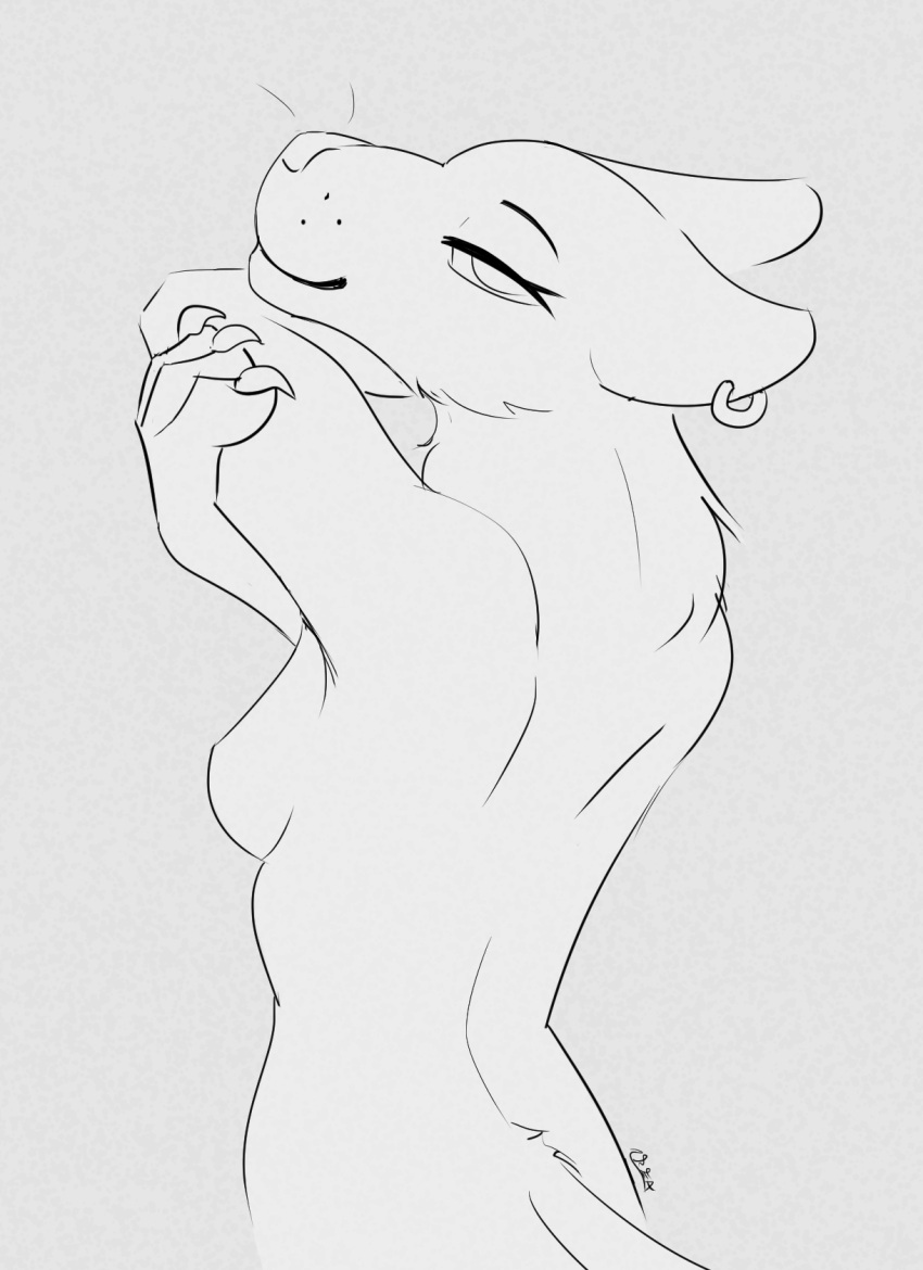 anthro breasts creature71 ear_piercing ear_ring felid feline female greyscale hi_res lion mammal monochrome pantherine piercing pinup pose ring_piercing side_boob sketch solo solo_focus stretching whiskers