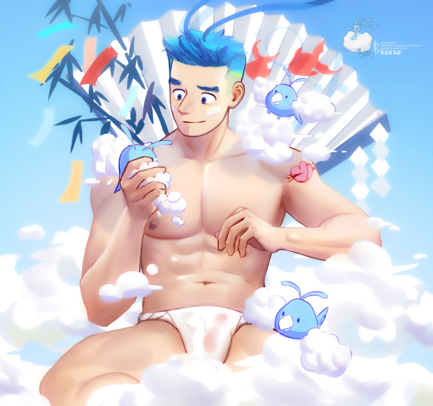 1boy absurdres altaria antenna_hair bamboo bandaid bandaid_on_cheek bandaid_on_face bara blue_eyes blue_hair blue_sky breezem18 bulge cloud cloudy_sky fluffy fundoshi hand_fan heart highres holding japanese_clothes large_pectorals light_smile looking_at_another male_focus male_underwear muscular muscular_male navel nipples paper_fan pectorals personification pokemon see-through shoulder_tattoo sitting sky swablu tanabata tattoo thick_eyebrows underwear wet wet_clothes wet_fundoshi