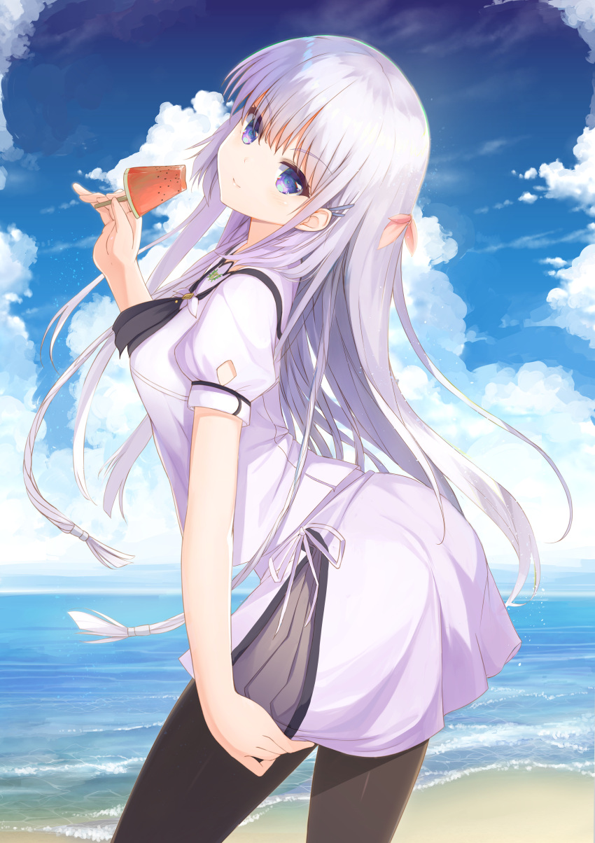 1girl absurdres arched_back beach black_pantyhose black_ribbon blue_eyes blue_sky breasts closed_mouth cloud cowboy_shot food hair_between_eyes hair_over_shoulder hair_ribbon hair_spread_out haku89 hand_up head_tilt highres long_hair looking_at_viewer medium_breasts miniskirt naruse_shiroha ocean outdoors pantyhose pink_ribbon popsicle puffy_short_sleeves puffy_sleeves revision ribbon shirt short_sleeves sidelocks skirt sky smile solo standing summer_pockets very_long_hair watermelon_bar white_hair white_ribbon white_shirt white_skirt