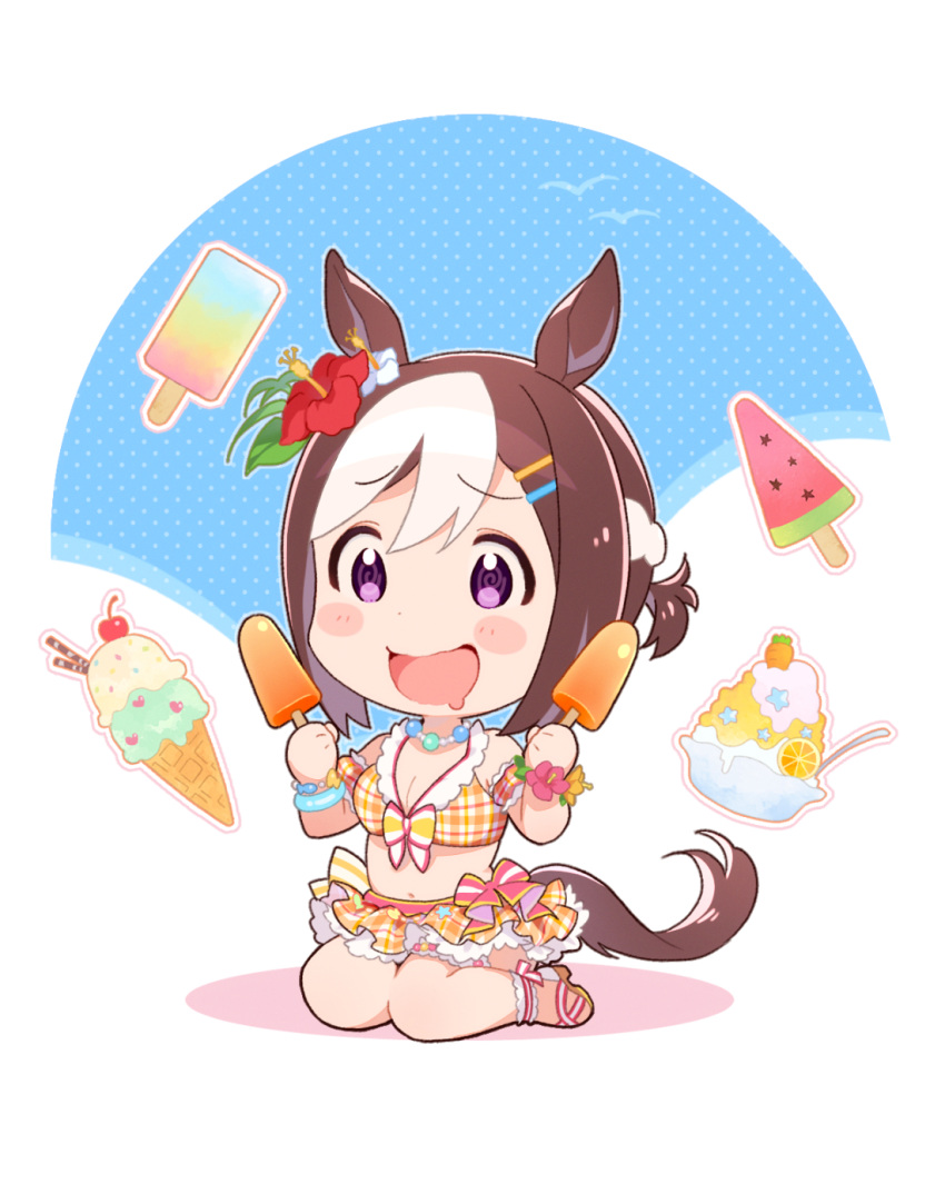 1girl animal_ears arm_garter bare_shoulders bikini bikini_skirt blush_stickers breasts brown_hair chibi cleavage drooling flower food full_body hair_flower hair_ornament hibiscus high_heels highres horse_ears horse_girl horse_tail ice_cream jewelry mouth_drool multicolored_hair navel necklace open_mouth popsicle purple_eyes raised_eyebrows sak_(saku6sak) scrunchie shaved_ice short_hair sitting small_breasts smile solo special_week_(hopping_vitamin_heart)_(umamusume) special_week_(umamusume) swimsuit tail two-tone_hair umamusume wariza watermelon_bar wrist_scrunchie yellow_bikini