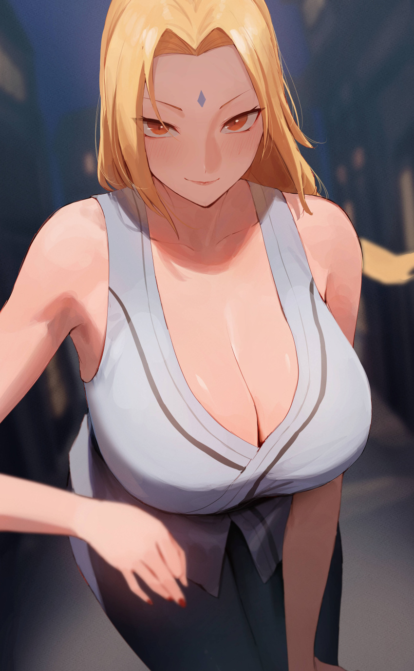 1girl absurdres black_pants blonde_hair blurry blurry_background blush breasts cleavage collarbone doyagao facial_mark fingernails forehead forehead_mark highres japanese_clothes kimono large_breasts nail_polish naruto_(series) outdoors pants rororo shirt sleeveless sleeveless_kimono smug solo tsunade_(naruto)