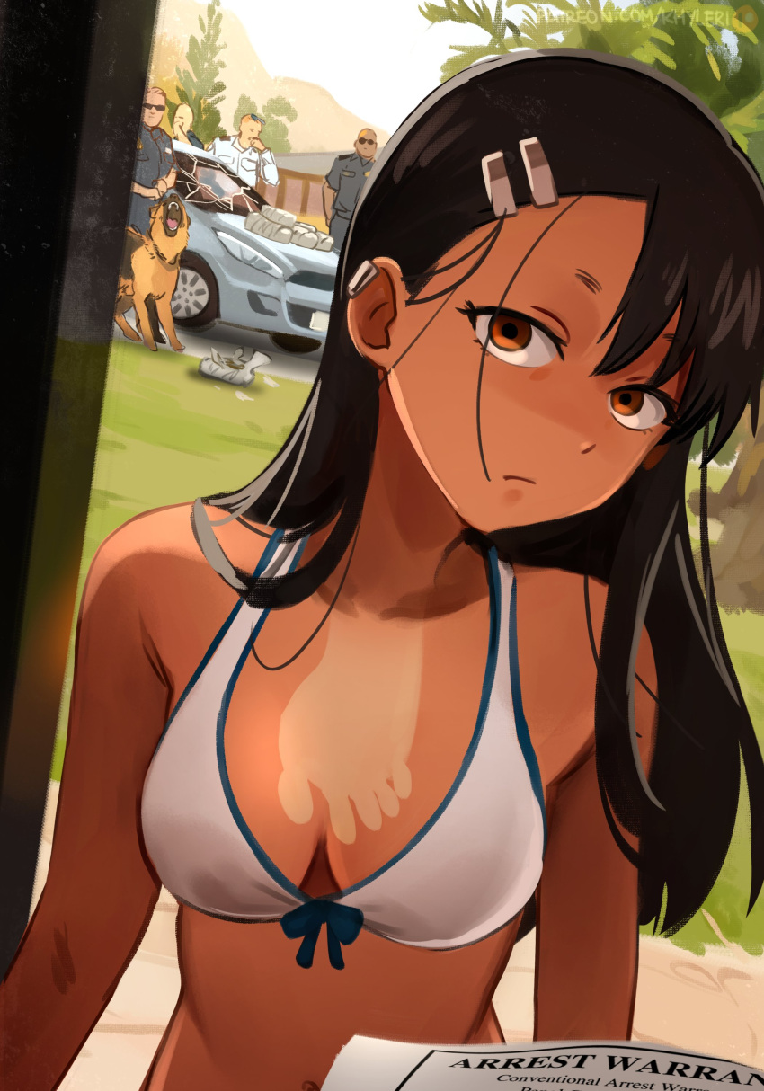 1girl 4boys absurdres bikini black_hair breasts brown_eyes car dog empty_eyes german_shepherd hair_ornament hairclip highres ijiranaide_nagatoro-san khyle. looking_at_viewer motor_vehicle multiple_boys nagatoro_hayase police solo_focus swimsuit tan tanlines white_bikini