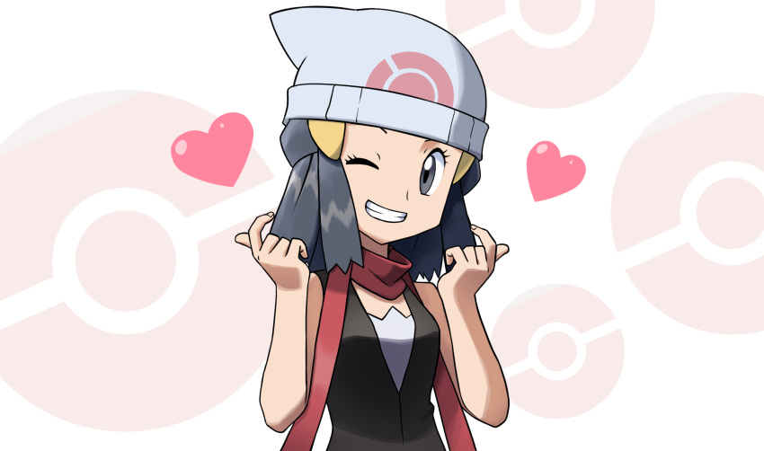 1girl beanie black_hair black_shirt commentary_request dawn_(pokemon) eyelashes grey_eyes grin hair_ornament hairclip hands_up hat heart highres long_hair looking_at_viewer one_eye_closed poke_ball_print poke_ball_symbol pokemon pokemon_(game) pokemon_dppt red_scarf scarf shirt sleeveless sleeveless_shirt smile solo teeth teru_zeta upper_body white_headwear