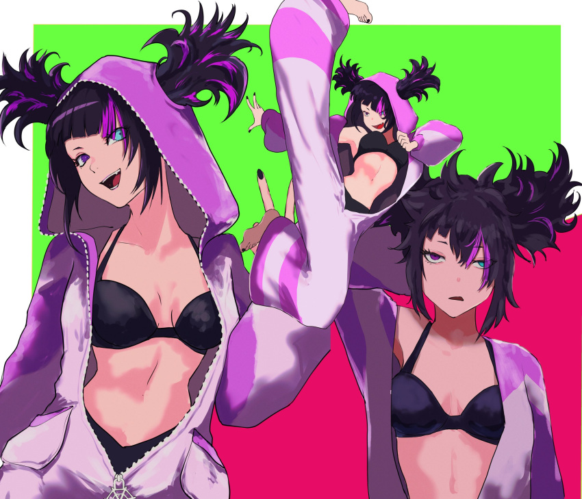 1girl black_bra black_hair black_nails bra breasts cleavage cosplay flying_kick han_juri heterochromia highres kicking kigurumi multicolored_hair navel off_shoulder official_alternate_costume official_alternate_hairstyle open_mouth pajamas pink_pajamas smile stomach streaked_hair street_fighter street_fighter_6 twintails underwear unzipped yuu_(primenumber7)