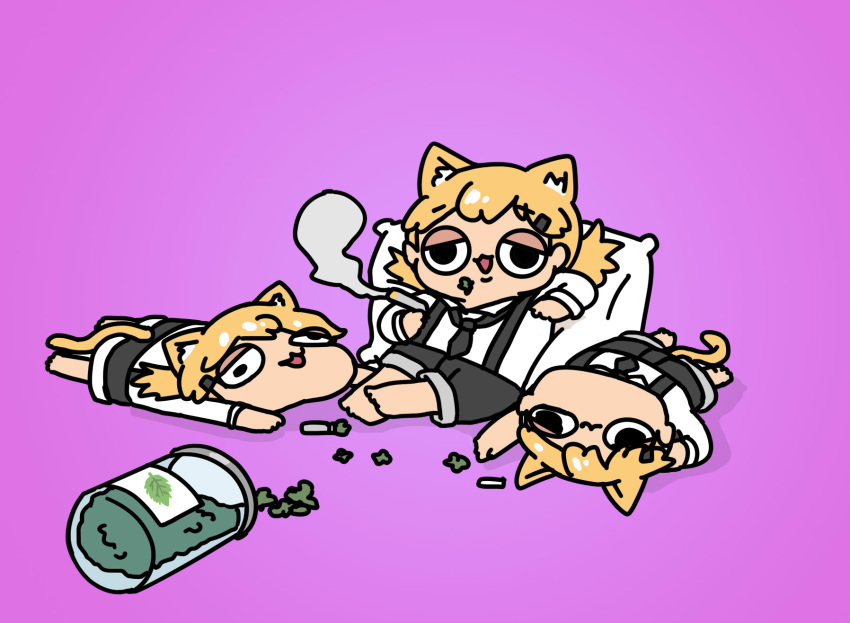 3girls :3 afei_(sfma3248) animal_ears barefoot black_necktie black_shorts blonde_hair cat_ears cat_tail catnip chibi clone drugged full_body girls'_frontline hair_ornament hairclip half-closed_eyes highres holding idw_(girls'_frontline) jar leaf_print long_hair lying mixed-language_commentary multiple_girls necktie on_back on_stomach open_mouth pillow purple_background shirt shorts simple_background sitting smile smoke smoking spill tail twintails wall-eyed white_shirt