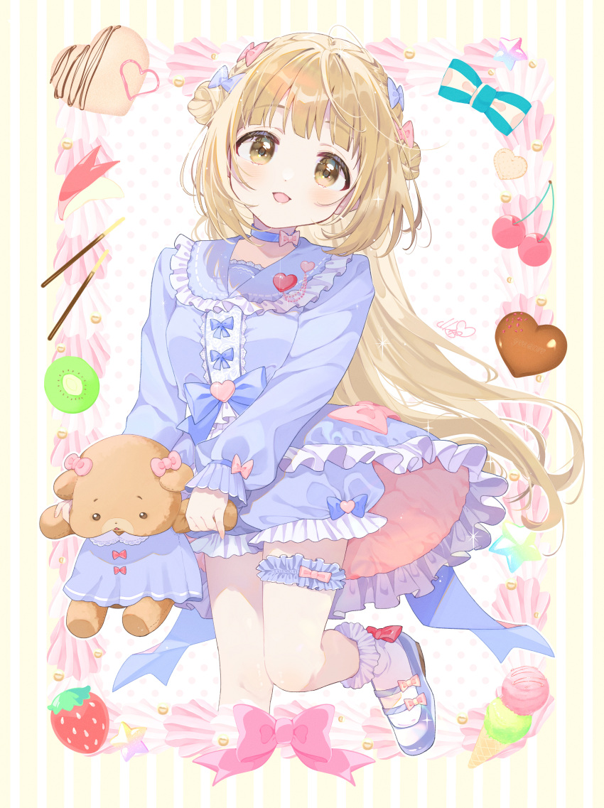 absurdres apple_rabbit blonde_hair blue_choker bow cherry choker double_bun food food_art frills fruit hair_bow hair_bun heart-shaped_ornament highres ice_cream idolmaster idolmaster_cinderella_girls jamu lolita_fashion long_hair multiple_hair_bows pocky skirt solo striped striped_background stuffed_animal stuffed_toy teddy_bear thigh_scrunchie yellow_eyes yorita_yoshino