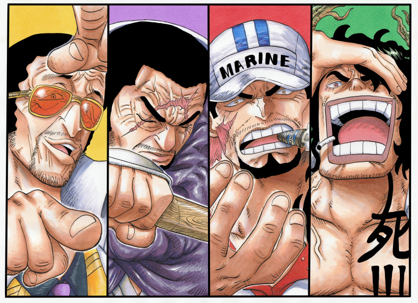 4boys absurdres angry aramaki_(ryokugyu) baseball_cap beard black_hair blind borsalino_(kizaru) chest_tattoo cigar cigarette clenched_hand closed_eyes closed_mouth english_commentary english_text evil_smile facial_hair goatee hand_on_forehead hat highres holding holding_sword holding_weapon index_finger_raised issho_(fujitora) male_focus military_uniform multiple_boys one_eye_closed one_piece open_mouth riku_(rikuw223xx) sakazuki_(akainu) scar scar_on_face short_hair sideburns smile smoking sunglasses sword tattoo teeth uniform upper_body weapon