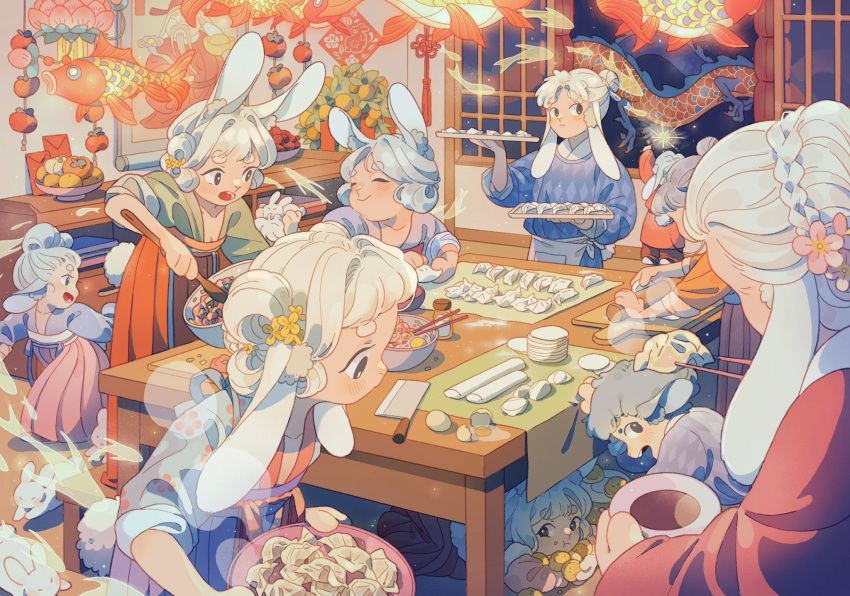 6+girls ^_^ animal_ear_fluff animal_ears architecture black_eyes bowl braid child chinese_commentary chinese_new_year chopsticks cleaver closed_eyes commentary_request decorations double_bun dragon drawer dumpling east_asian_architecture eastern_dragon food fruit hair_bun hakama hakama_skirt highres hikimayu holding holding_chopsticks holding_plate holding_tray hongbao indoors japanese_clothes jidu_que_mi_de_xiao_caocao lantern long_hair mandarin_orange multiple_girls night on_floor open_mouth original paper_lantern pink_skirt plate rabbit rabbit_ears red_skirt rolling_pin scenery short_hair single_braid sitting skirt smile standing table tray under_table white_hair window