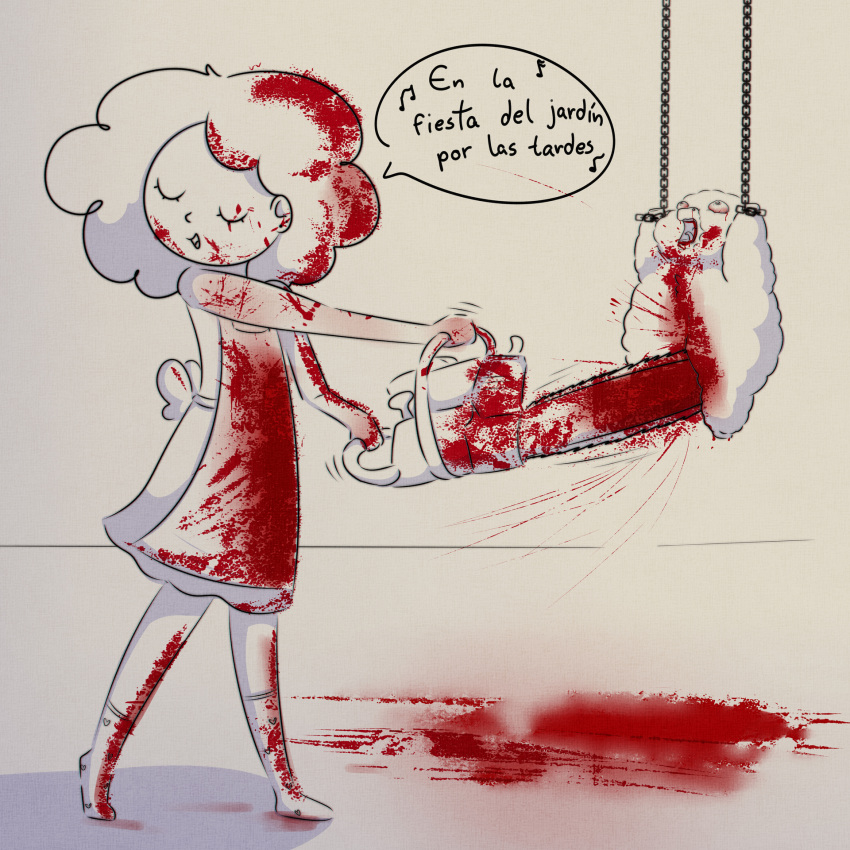 1:1 abuse ambiguous_gender apron blood blood_on_apron blood_on_arm blood_on_clothing blood_on_face blood_on_ground blood_on_hair blood_on_leg blood_on_weapon blood_splatter bloodshot_eyes bodily_fluids bound chain chainsaw clothing dialogue duo eyes_closed female feral fluffy_pony gore hanging_by_feet hi_res human imminent_death killing laponkisuwu looking_away mammal open_mouth power_tool singing spanish_text suffering text tools weapon