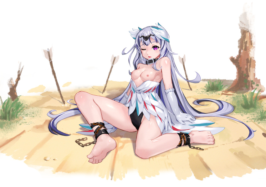 1girl bare_legs bare_shoulders barefoot black_choker black_hair bluesnail blush breasts choker dress feather_dress feather_hair_ornament feathers feet fire_emblem fire_emblem_engage full_body grey_hair hair_ornament highres legs long_hair looking_at_viewer multicolored_hair nipples one_eye_closed petite purple_eyes small_breasts soles solo solo_focus split-color_hair toes two-tone_hair very_long_hair veyle_(fire_emblem) wavy_hair