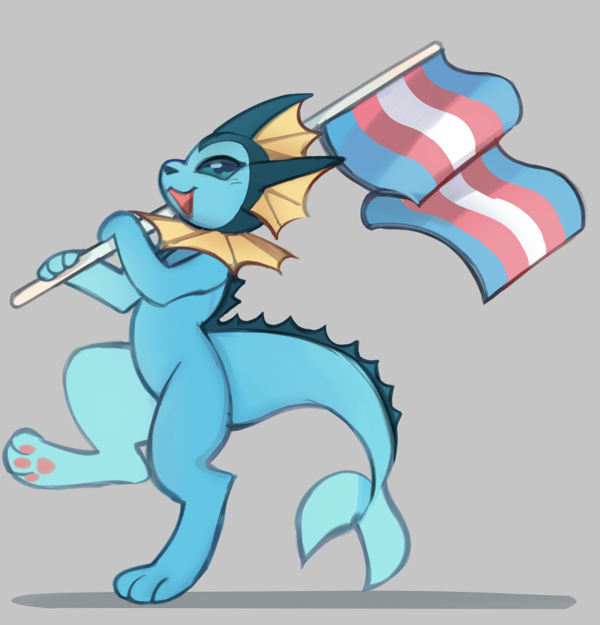 absurd_res ambiguous_gender anthro biped blue_body blue_eyes eeveelution fin flag generation_1_pokemon grey_background hi_res holding_flag holding_object lgbt_pride loppifi nintendo open_mouth pawpads pokemon pokemon_(species) pride_colors shadow side_view simple_background solo transgender_pride_colors vaporeon yellow_body