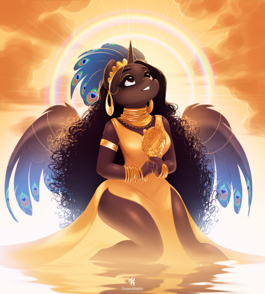 anthro beyonce black_hair bracelet clothing crescent_moon dress ear_piercing equid equine glistening gold_theme hair hi_res horn jewelry long_hair looking_up mammal moon neck_ring necklace piercing reflection sun ukulilia water water_reflection winged_unicorn wings