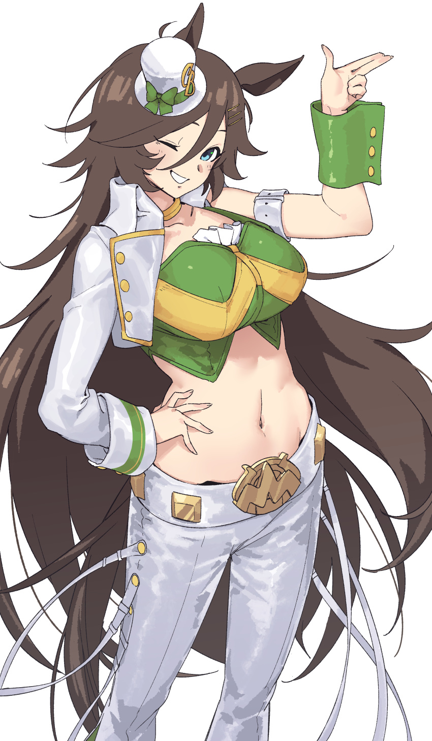 1girl absurdres arm_strap blue_eyes breasts brown_hair choker commentary crop_top feet_out_of_frame green_shirt grin hair_between_eyes hat head_tilt highres jacket large_breasts leggings long_hair long_sleeves looking_at_viewer midriff mini_hat mini_top_hat mr._c.b._(umamusume) navel open_clothes open_jacket pants shade_of_trees shirt simple_background single_bare_shoulder single_sleeve smile solo standing stomach strapless strapless_shirt top_hat umamusume very_long_hair white_background white_headwear white_jacket white_pants wrist_cuffs yellow_choker