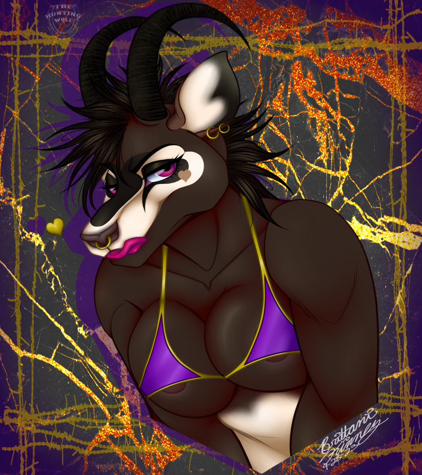 &lt;3 absurd_res antelope anthro bikini bovid breasts clothing female gold goth hi_res hooves horn humanoid invalid_tag legwear lingerie makeeda mammal pin_(disambiguation) pinup pose purple sable_(disambiguation) solo stockings swimwear thehuntingwolf thong underwear up