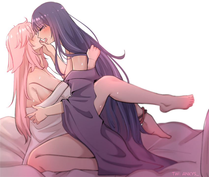 2girls after_kiss animal_ears ankie_(ankys_) bare_legs bed blush breasts breath closed_eyes couple covered_eyes feet fox_ears french_kiss full_body genshin_impact grabbing_another's_hair hair_between_eyes hand_on_another's_back hand_on_another's_chin head_back heavy_breathing highres holding_another's_hair hug kiss large_breasts leg_lock legs long_hair long_legs missionary multiple_girls no_shoes on_bed open_mouth pink_hair purple_hair raiden_shogun saliva saliva_trail sex sideboob simple_background sweat toes tongue tongue_out twitter_username upper_body very_long_hair white_background yae_miko yuri