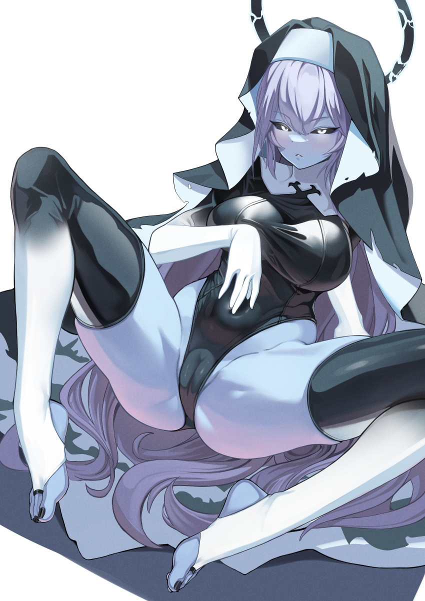1girl absurdres black_leotard black_nails black_sclera black_thighhighs blue_archive blue_skin breasts bridal_legwear cameltoe coif colored_sclera colored_skin doga_(artist) feet gloves gradient_legwear grey_hair hair_between_eyes halo hand_on_own_stomach highleg highleg_leotard highres justina_follower_(blue_archive) large_breasts leotard long_hair lying nun on_back parted_lips solo stirrup_legwear thighhighs toeless_legwear toenails very_long_hair white_background white_eyes white_gloves white_thighhighs